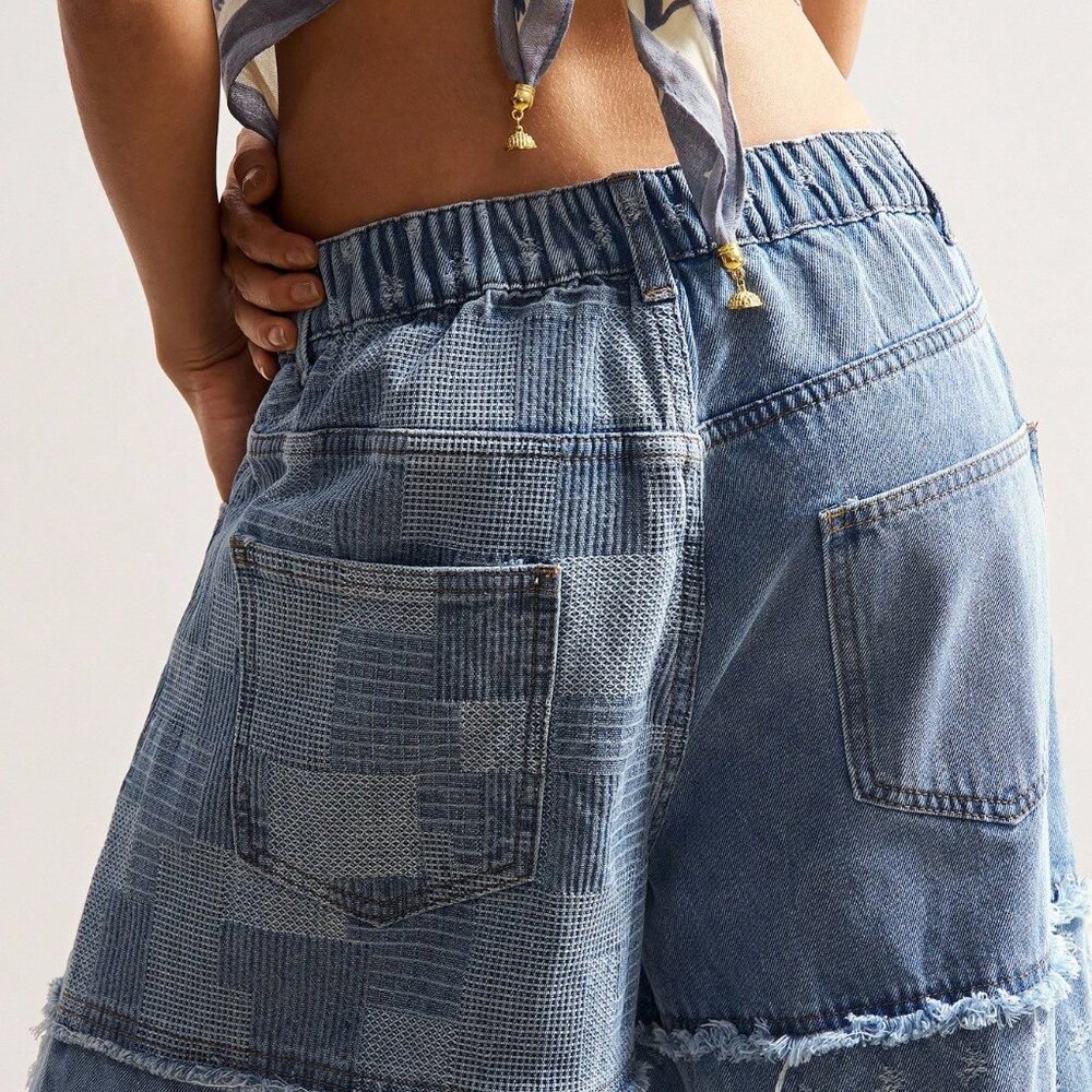 Blue Boho Casual Women's Loose Patchwork Wide Leg Jeans - Picture 7 of 7